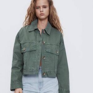 NEW Zara Green Utility Jacket Cropped Relaxed Fit canvas